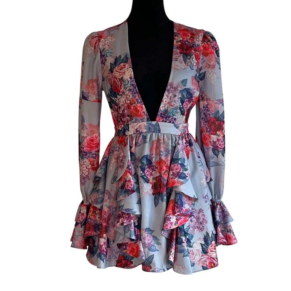 $248 Michael Costello Floral Mini Dress Long Sleeve Plunging S NWT